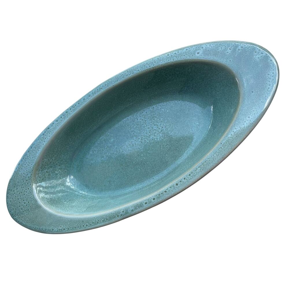 Handmade light green turquoise hand made oval shallow glazed ceramic bowl dish